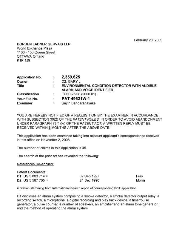 Document de brevet canadien 2359625. Poursuite-Amendment 20090220. Image 1 de 6