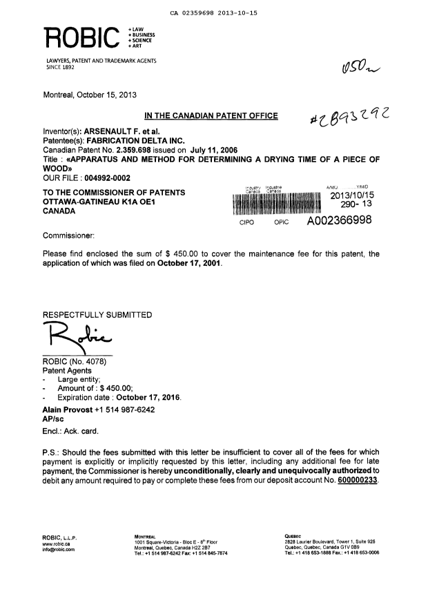 Document de brevet canadien 2359698. Taxes 20131015. Image 1 de 1