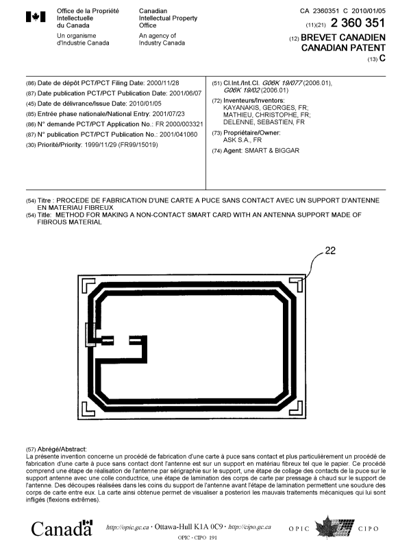 Document de brevet canadien 2360351. Page couverture 20091207. Image 1 de 1