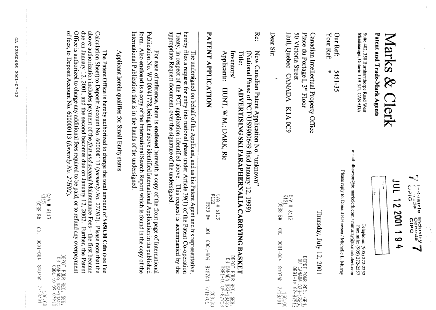 Canadian Patent Document 2360466. Assignment 20010712. Image 1 of 5