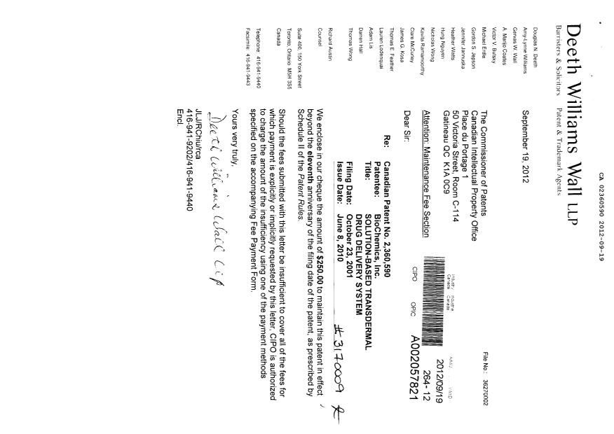 Canadian Patent Document 2360590. Fees 20120919. Image 1 of 1