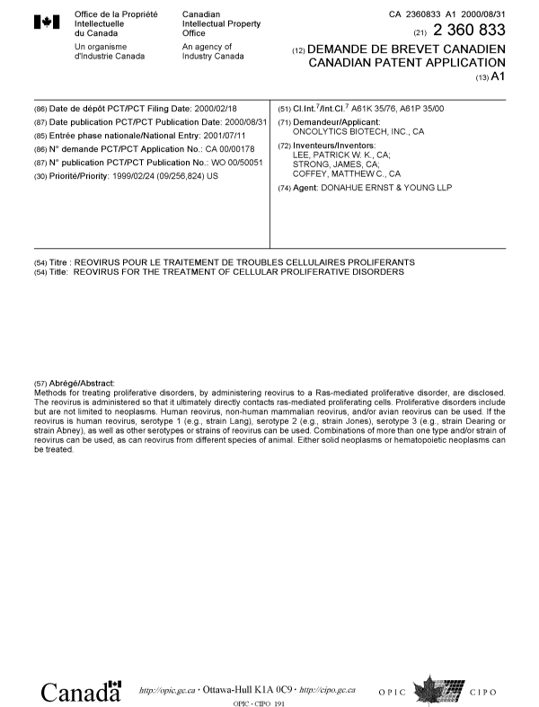 Document de brevet canadien 2360833. Page couverture 20011207. Image 1 de 1