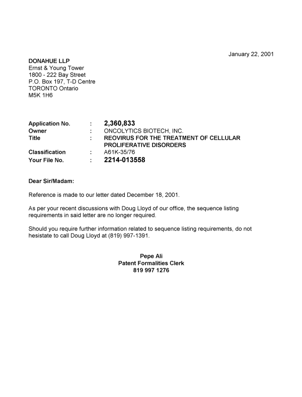 Document de brevet canadien 2360833. Correspondance 20020118. Image 1 de 1