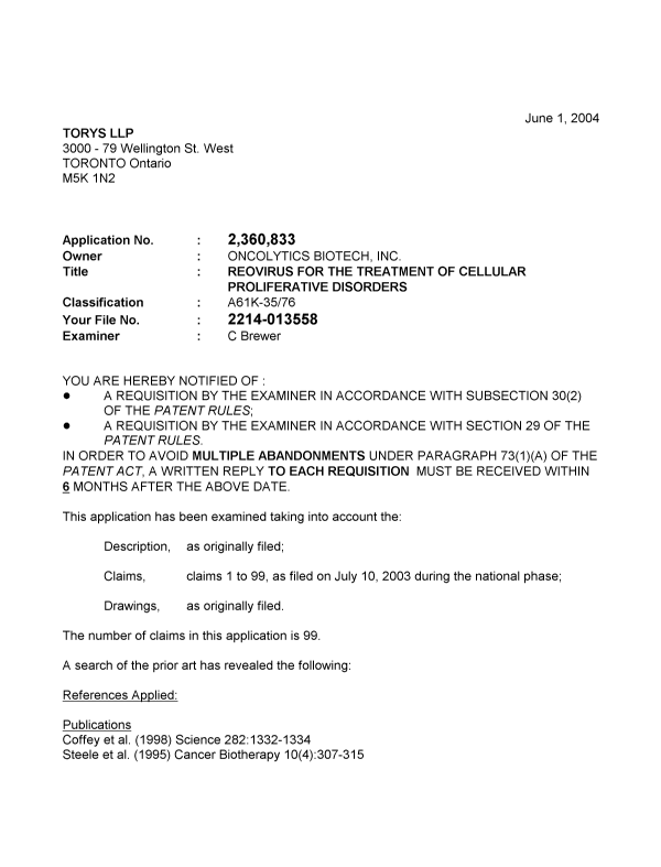 Document de brevet canadien 2360833. Poursuite-Amendment 20040601. Image 1 de 3