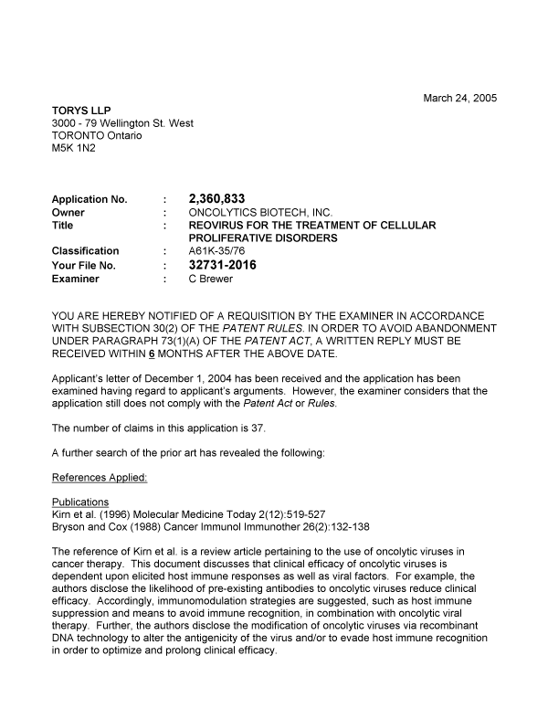 Document de brevet canadien 2360833. Poursuite-Amendment 20050324. Image 1 de 3
