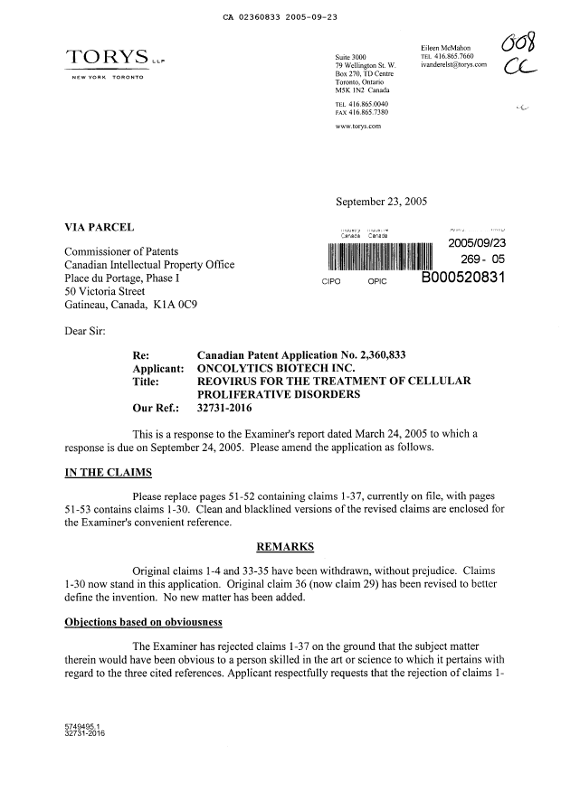 Document de brevet canadien 2360833. Poursuite-Amendment 20050923. Image 1 de 10