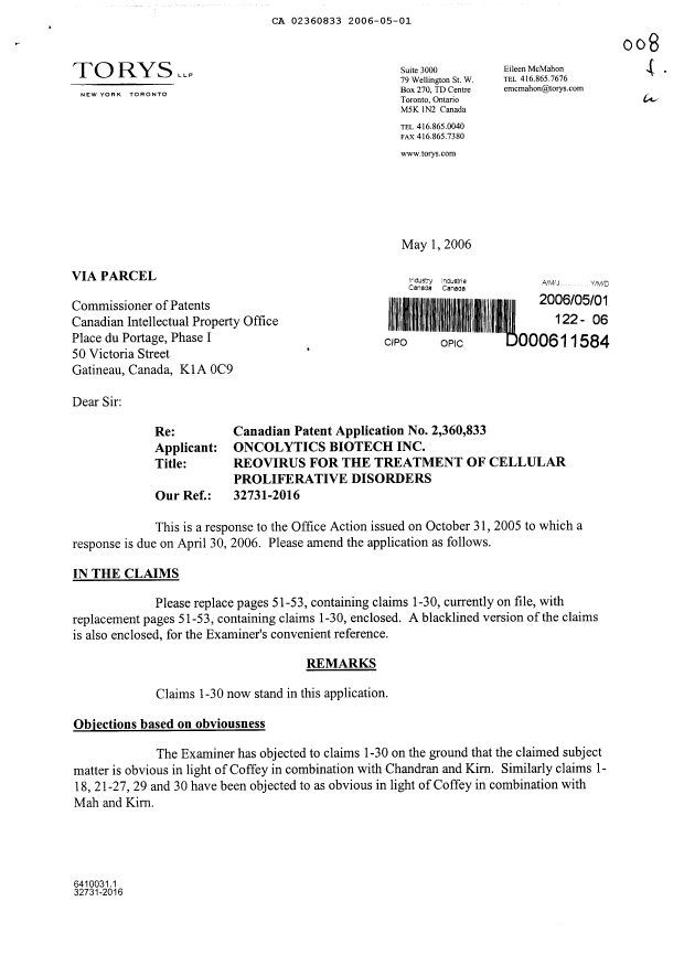 Document de brevet canadien 2360833. Poursuite-Amendment 20060501. Image 1 de 10