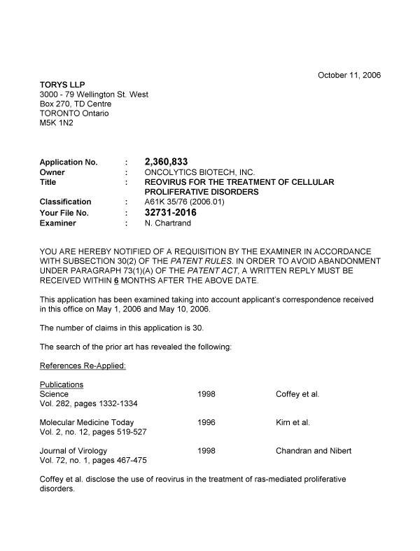 Document de brevet canadien 2360833. Poursuite-Amendment 20061011. Image 1 de 3