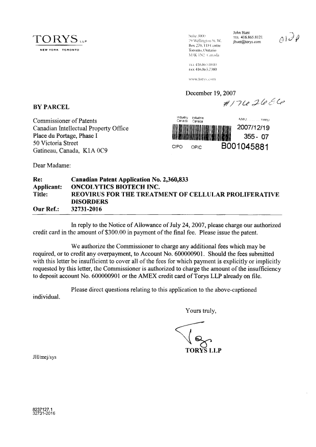 Document de brevet canadien 2360833. Correspondance 20071219. Image 1 de 1