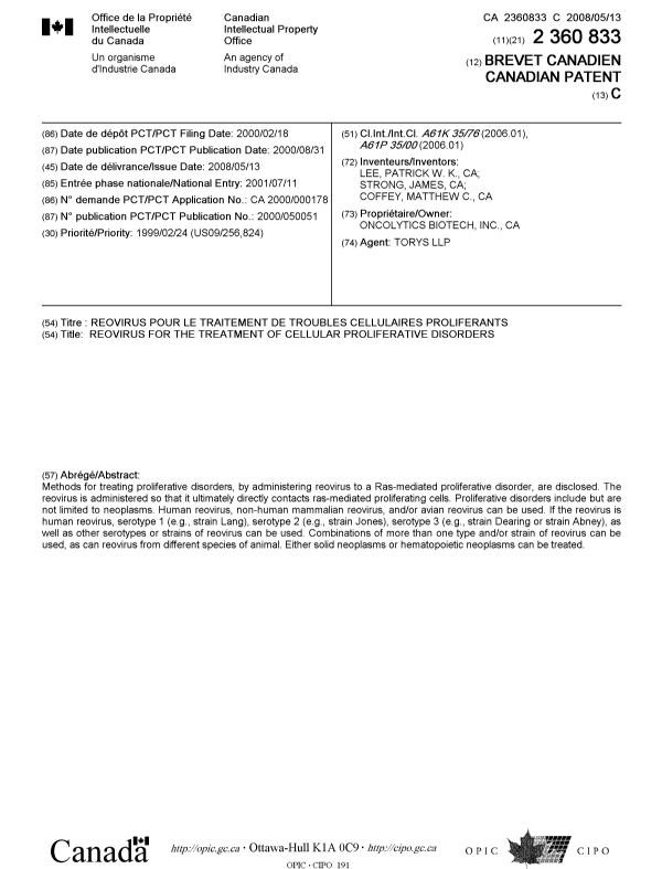Document de brevet canadien 2360833. Page couverture 20080422. Image 1 de 1