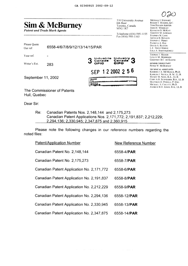 Document de brevet canadien 2360915. Correspondance 20011212. Image 1 de 6