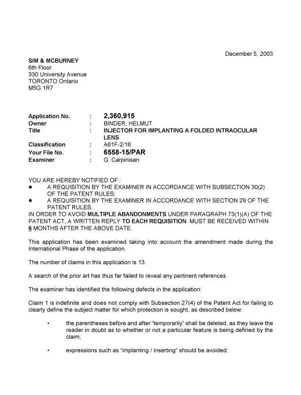 Canadian Patent Document 2360915. Prosecution-Amendment 20021205. Image 1 of 3