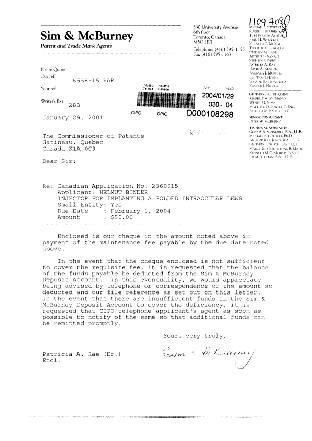 Document de brevet canadien 2360915. Taxes 20031229. Image 1 de 1