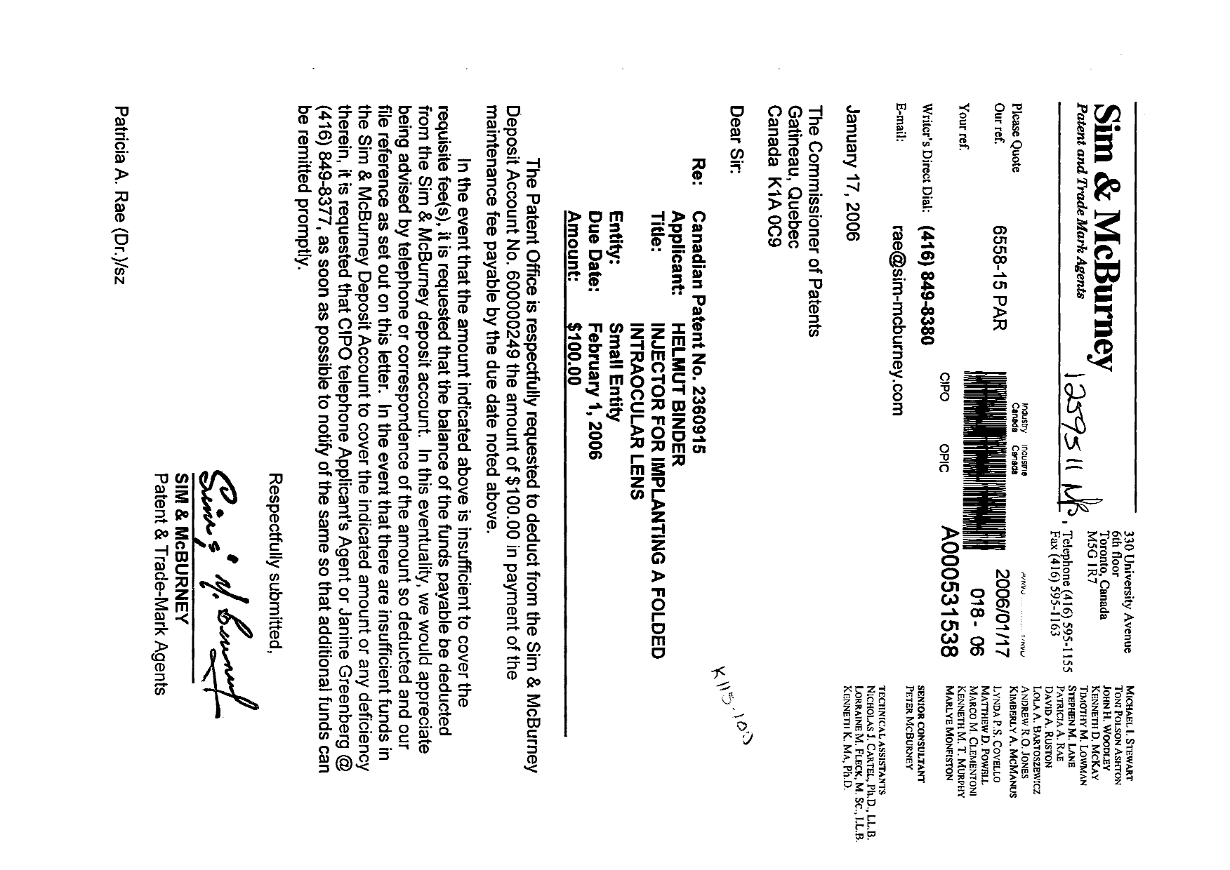 Canadian Patent Document 2360915. Fees 20051217. Image 1 of 1