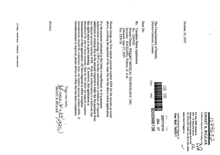 Canadian Patent Document 2360938. Correspondence 20071010. Image 1 of 1