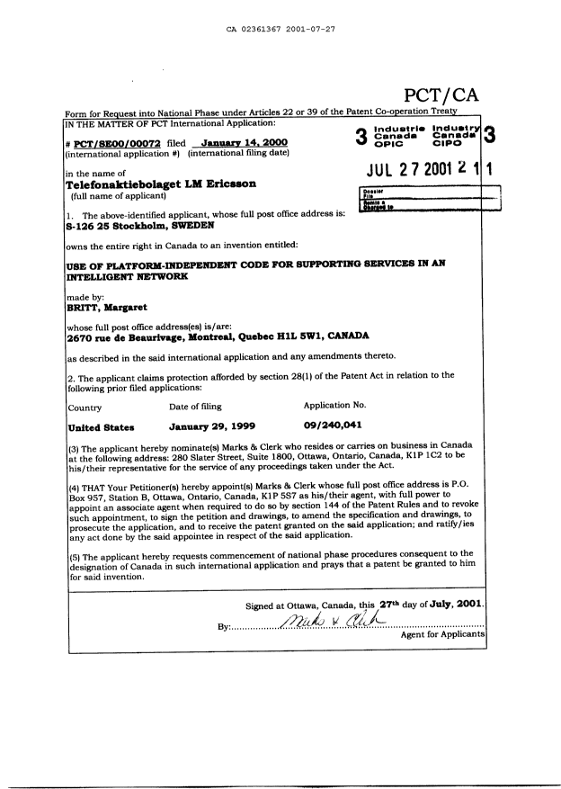 Canadian Patent Document 2361367. Assignment 20010727. Image 2 of 7