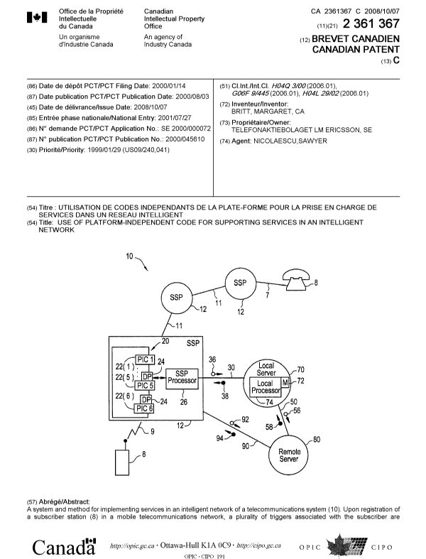 Document de brevet canadien 2361367. Page couverture 20080922. Image 1 de 2