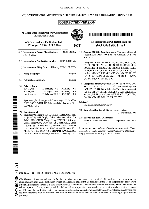 Document de brevet canadien 2361384. Abrégé 20010730. Image 1 de 1