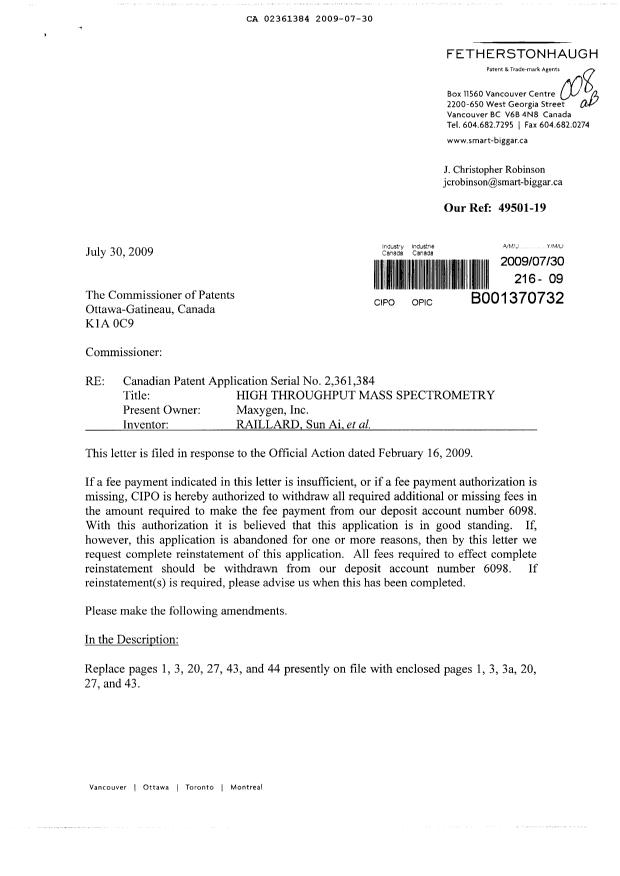 Canadian Patent Document 2361384. Prosecution-Amendment 20090730. Image 1 of 18