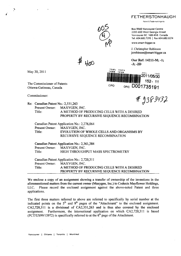Document de brevet canadien 2361384. Cession 20110530. Image 1 de 31