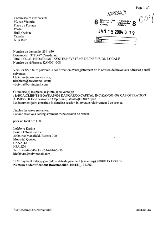 Document de brevet canadien 2361659. Cession 20040115. Image 1 de 18