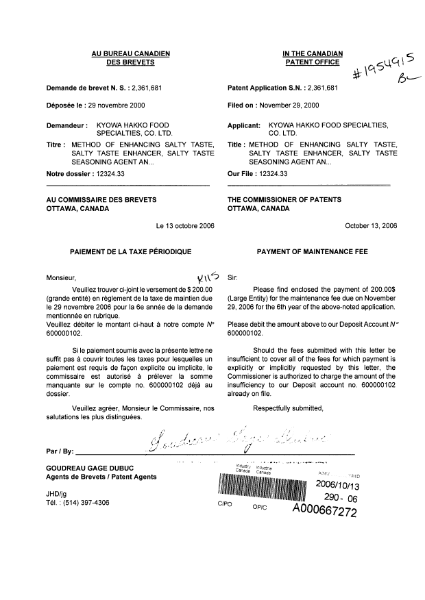 Document de brevet canadien 2361681. Taxes 20061013. Image 1 de 1