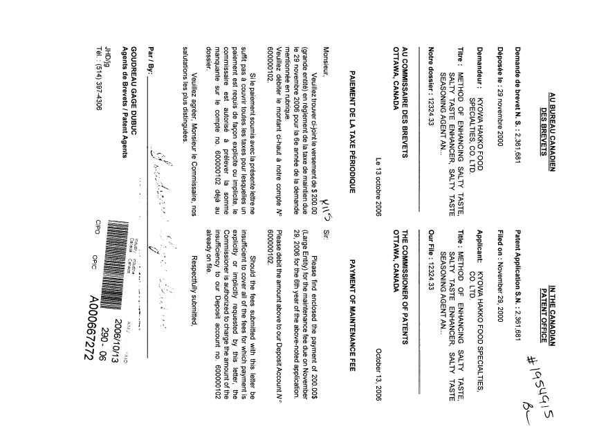 Document de brevet canadien 2361681. Taxes 20061013. Image 1 de 1