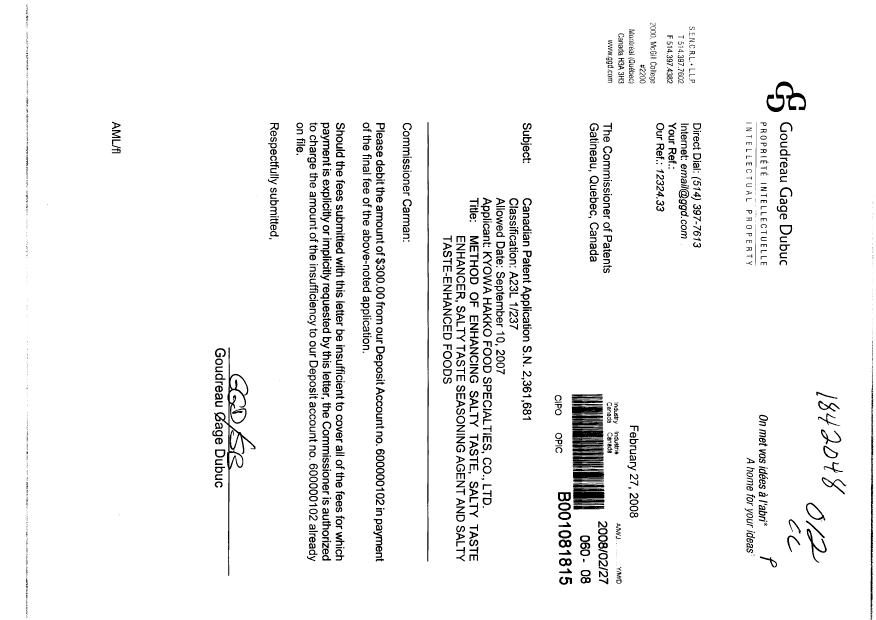 Document de brevet canadien 2361681. Correspondance 20080227. Image 1 de 1