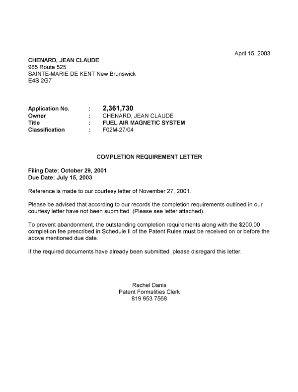 Document de brevet canadien 2361730. Correspondance 20021209. Image 1 de 1