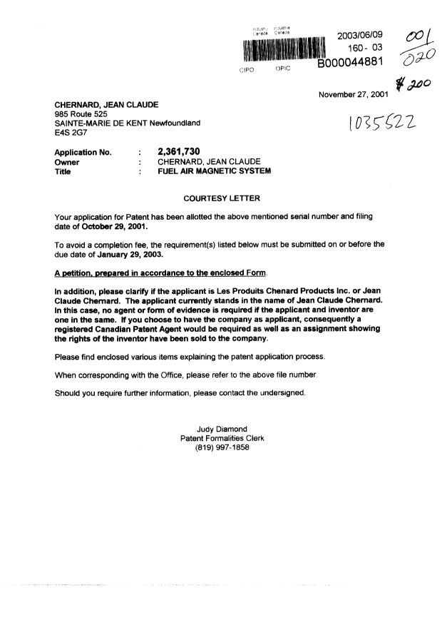 Document de brevet canadien 2361730. Correspondance 20021209. Image 1 de 4