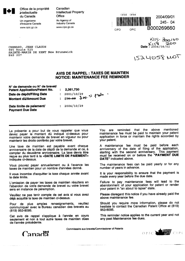 Document de brevet canadien 2361730. Taxes 20031201. Image 1 de 1