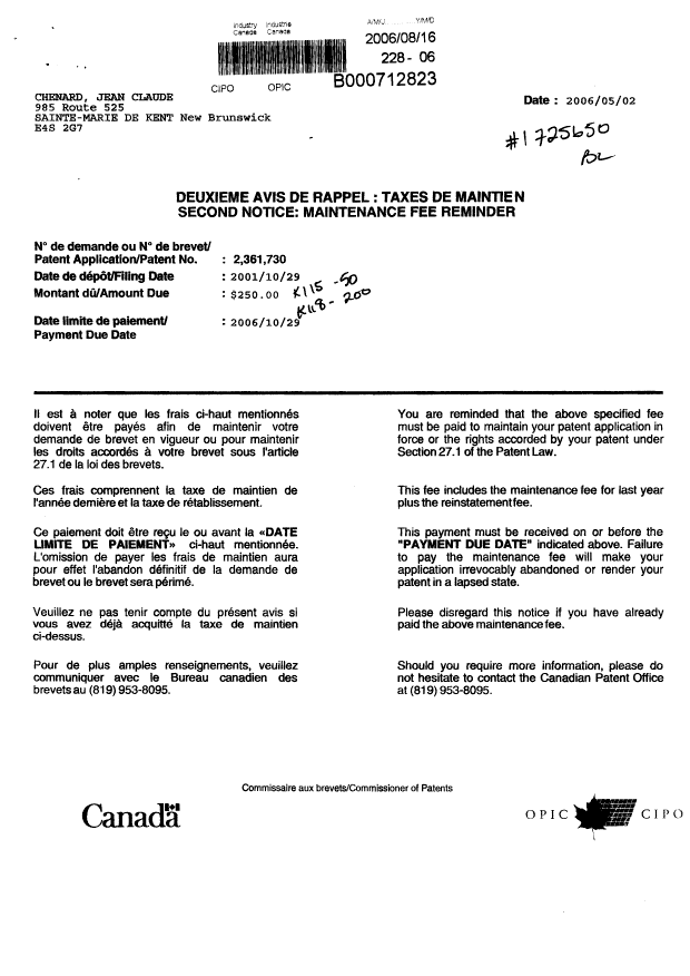 Document de brevet canadien 2361730. Taxes 20051216. Image 1 de 1