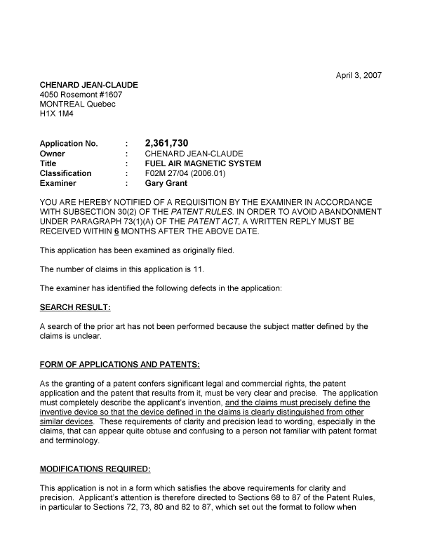 Document de brevet canadien 2361730. Poursuite-Amendment 20061203. Image 1 de 5
