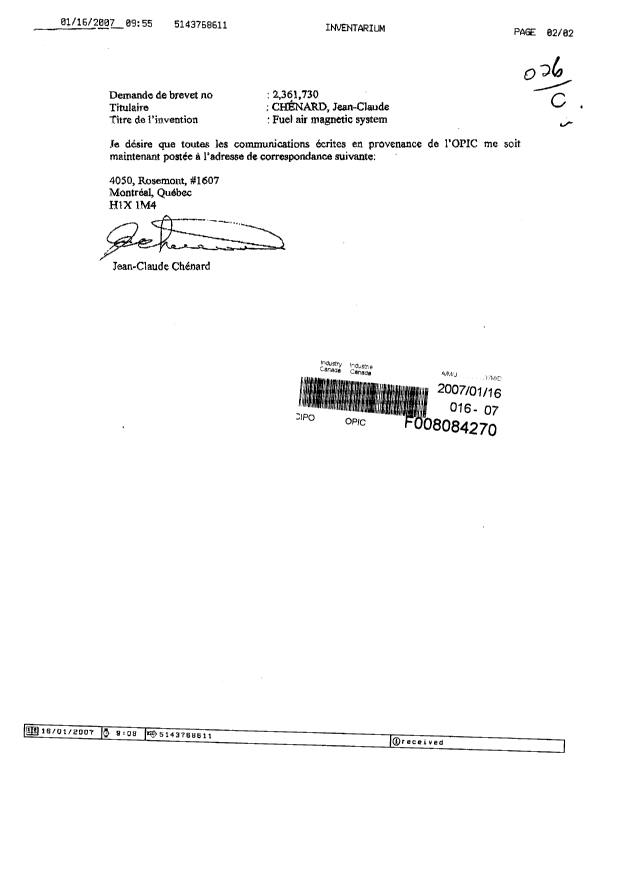 Document de brevet canadien 2361730. Correspondance 20061216. Image 1 de 2