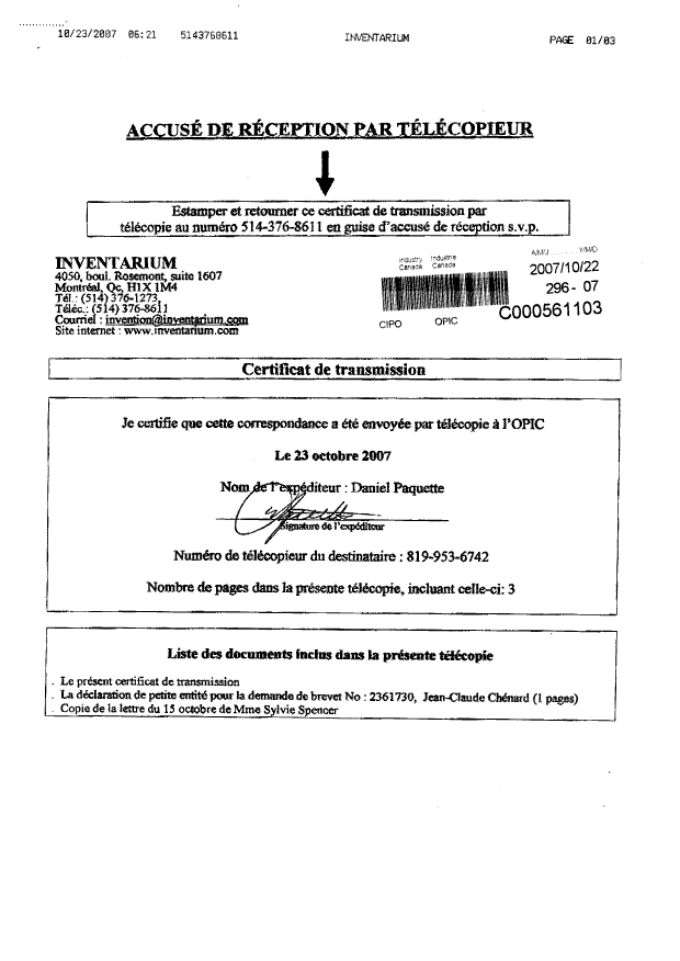 Document de brevet canadien 2361730. Correspondance 20061222. Image 1 de 3