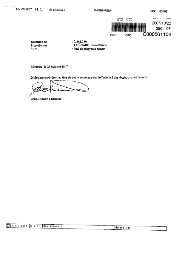 Document de brevet canadien 2361730. Correspondance 20061222. Image 3 de 3