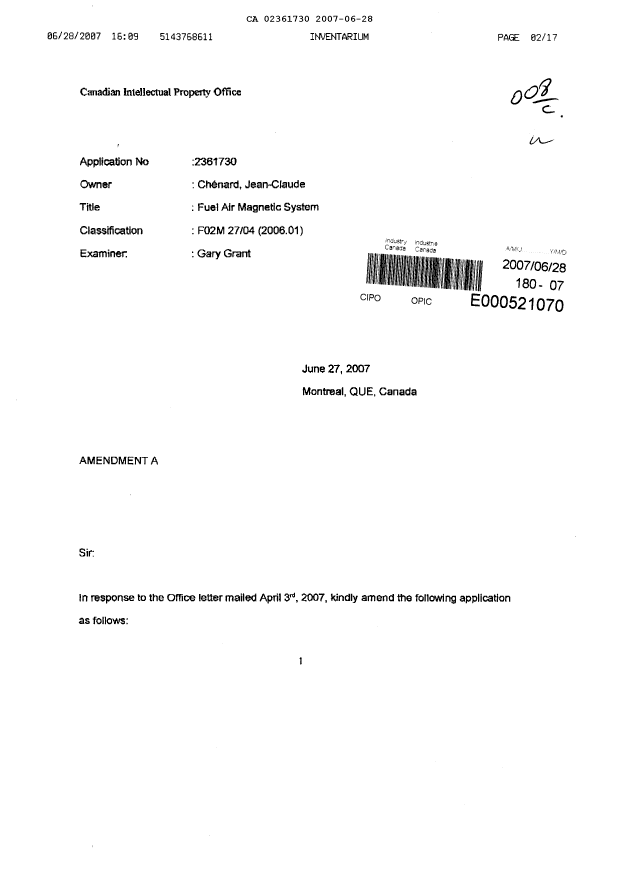 Canadian Patent Document 2361730. Prosecution-Amendment 20061228. Image 1 of 17