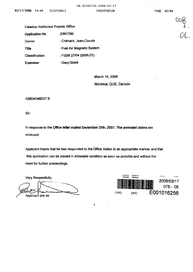 Document de brevet canadien 2361730. Poursuite-Amendment 20071217. Image 1 de 4