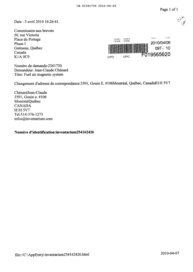 Document de brevet canadien 2361730. Correspondance 20091206. Image 1 de 1