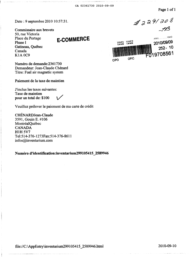 Document de brevet canadien 2361730. Taxes 20091209. Image 1 de 1