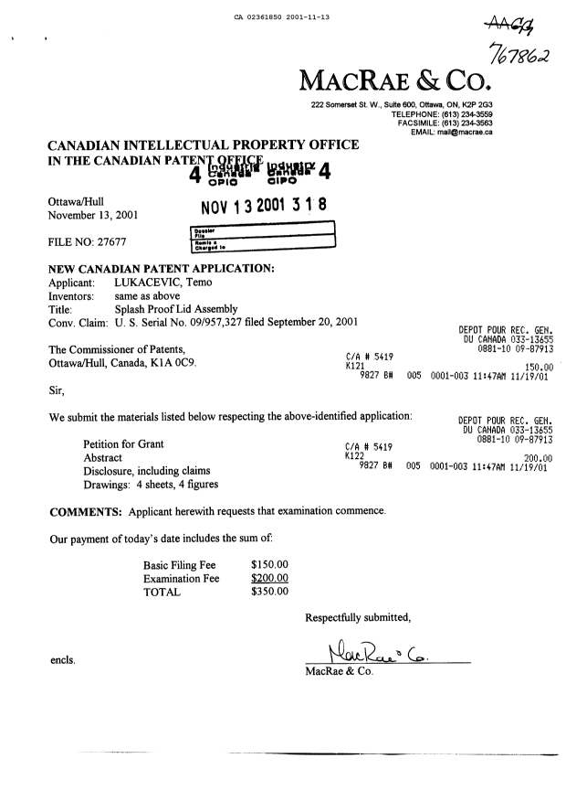 Canadian Patent Document 2361850. Assignment 20011113. Image 1 of 2
