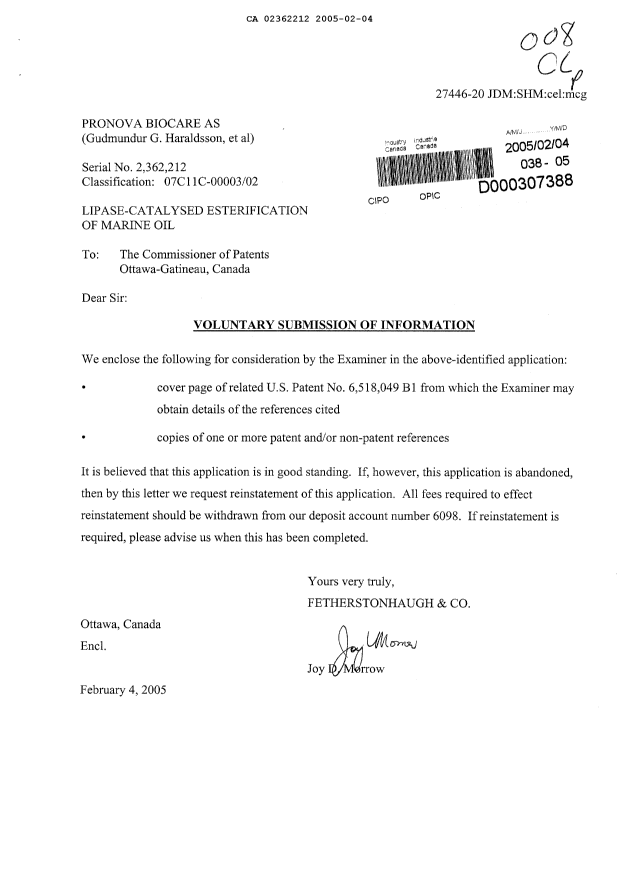 Document de brevet canadien 2362212. Poursuite-Amendment 20050204. Image 1 de 1
