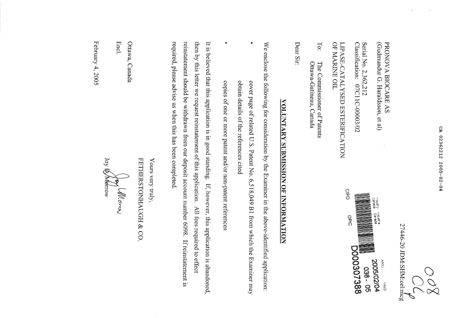 Canadian Patent Document 2362212. Prosecution-Amendment 20050204. Image 1 of 1