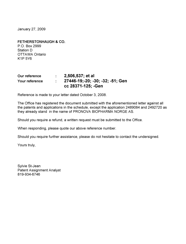 Document de brevet canadien 2362212. Correspondance 20090127. Image 1 de 1
