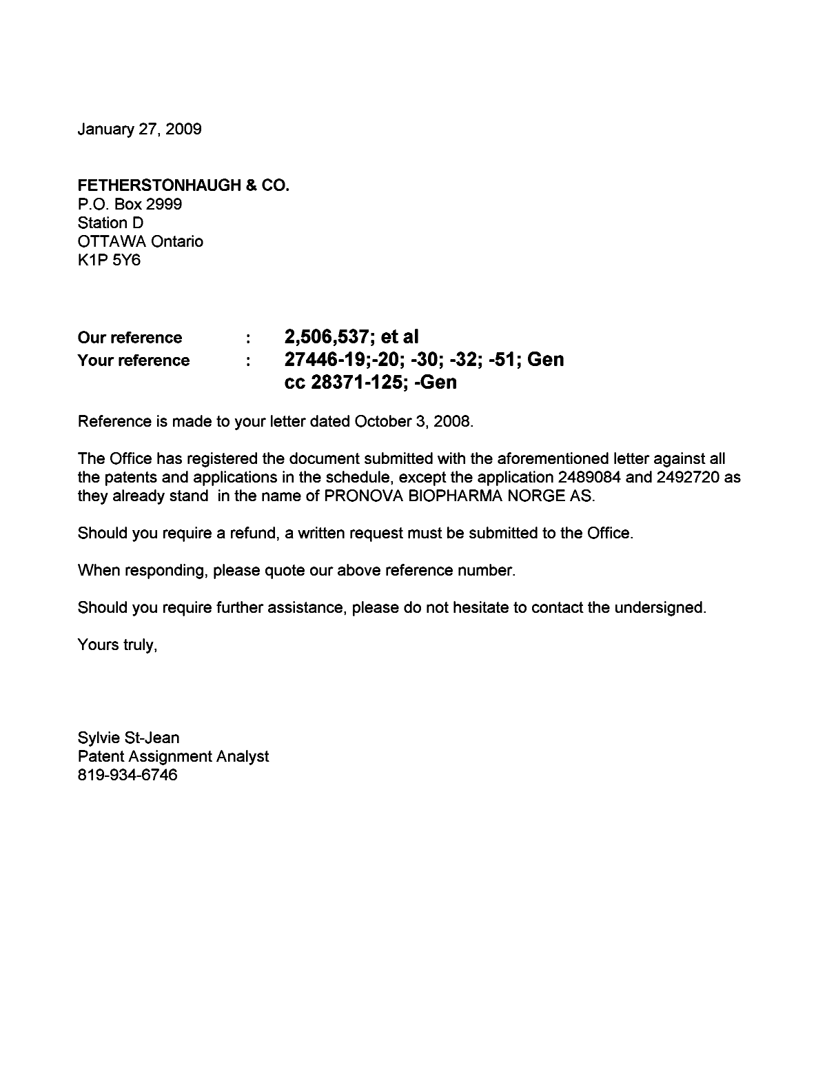 Canadian Patent Document 2362212. Correspondence 20090127. Image 1 of 1