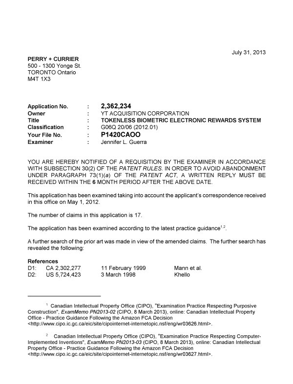 Canadian Patent Document 2362234. Prosecution-Amendment 20130731. Image 1 of 6