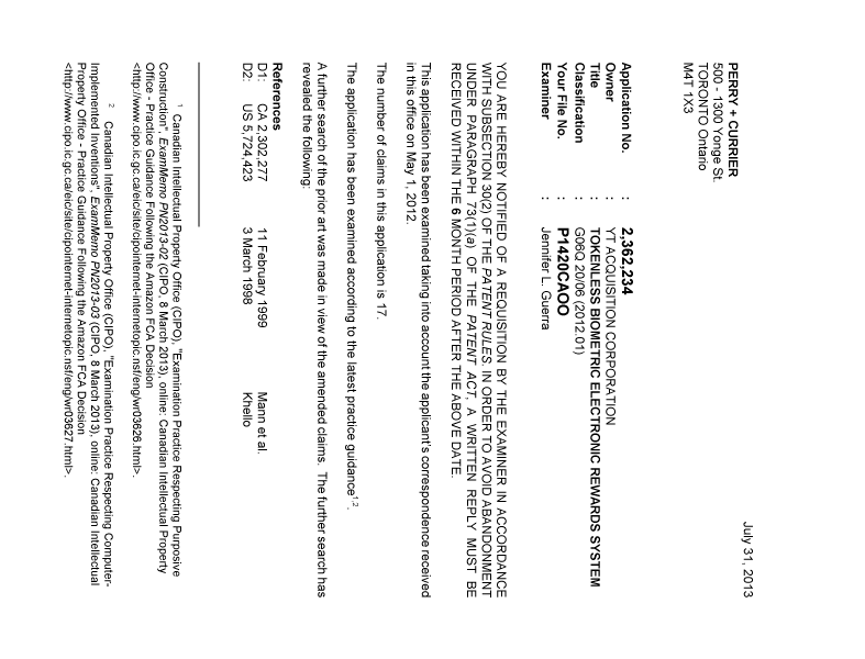 Canadian Patent Document 2362234. Prosecution-Amendment 20130731. Image 1 of 6