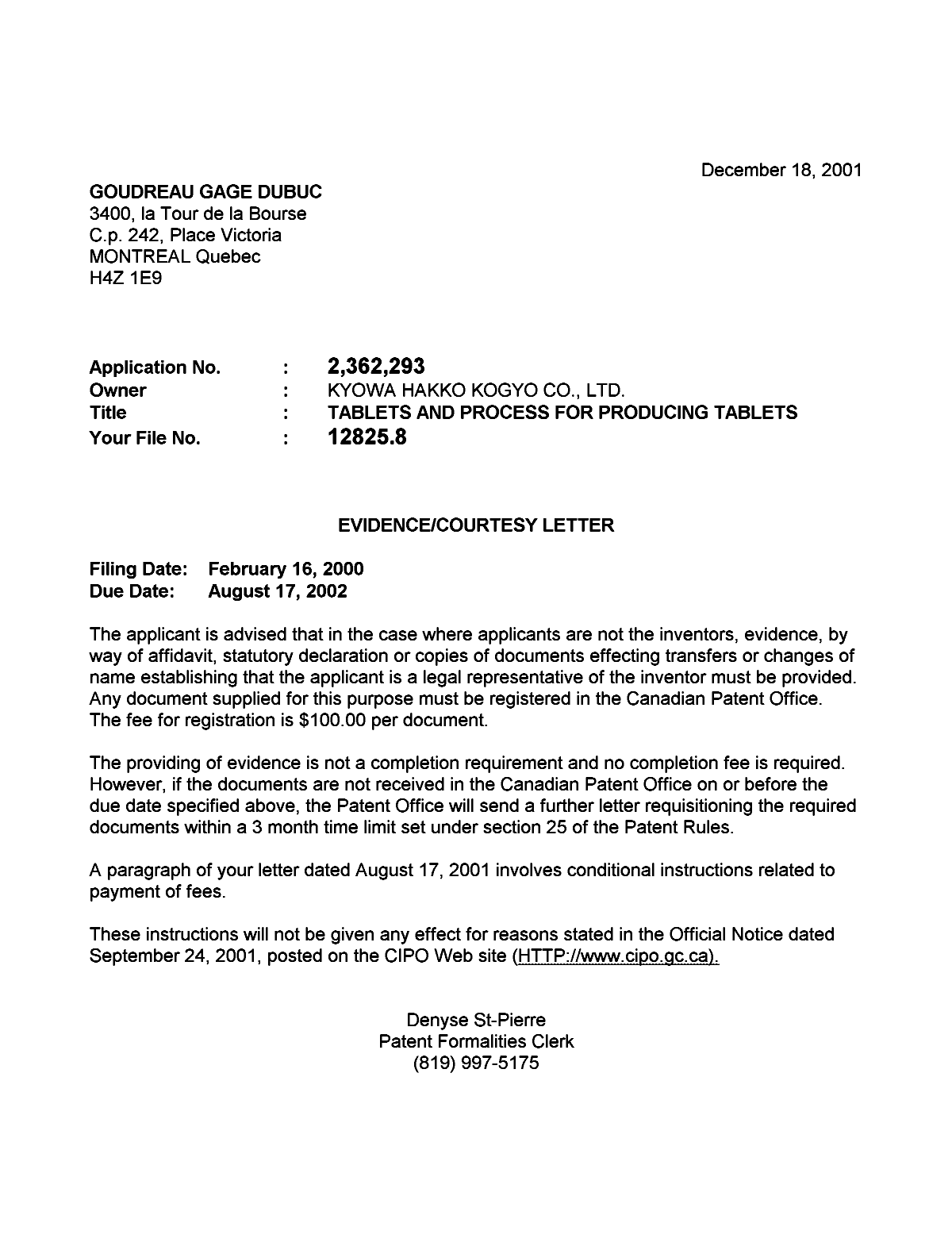 Canadian Patent Document 2362293. Correspondence 20001212. Image 1 of 1