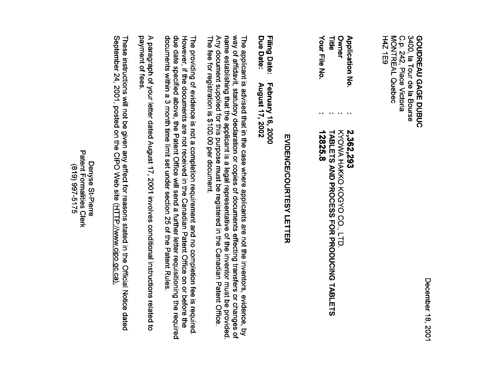Canadian Patent Document 2362293. Correspondence 20001212. Image 1 of 1