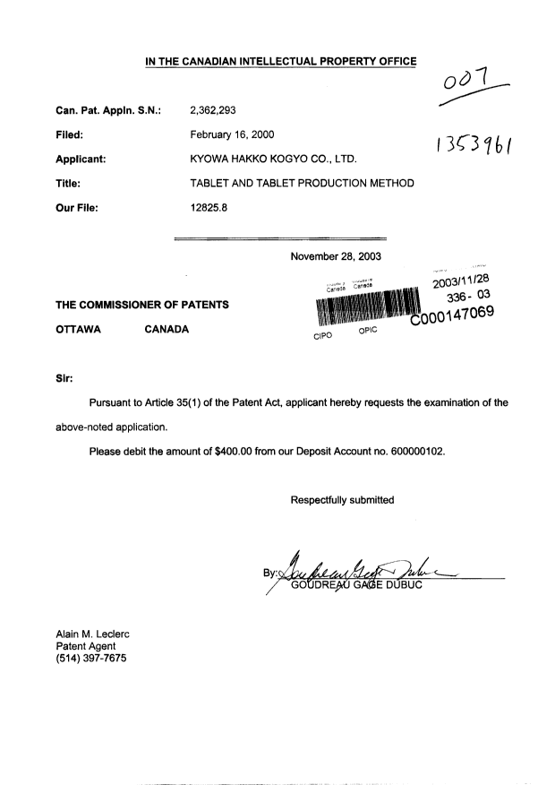 Document de brevet canadien 2362293. Poursuite-Amendment 20031128. Image 1 de 1